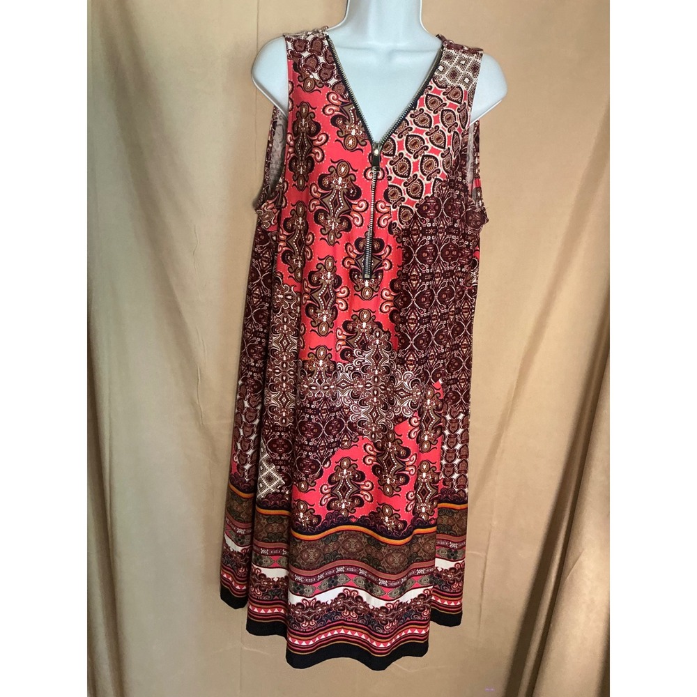 Haani Woman Shift Dress Womens 2X Coral Burgundy Paisley Boho Half Zip Excellent